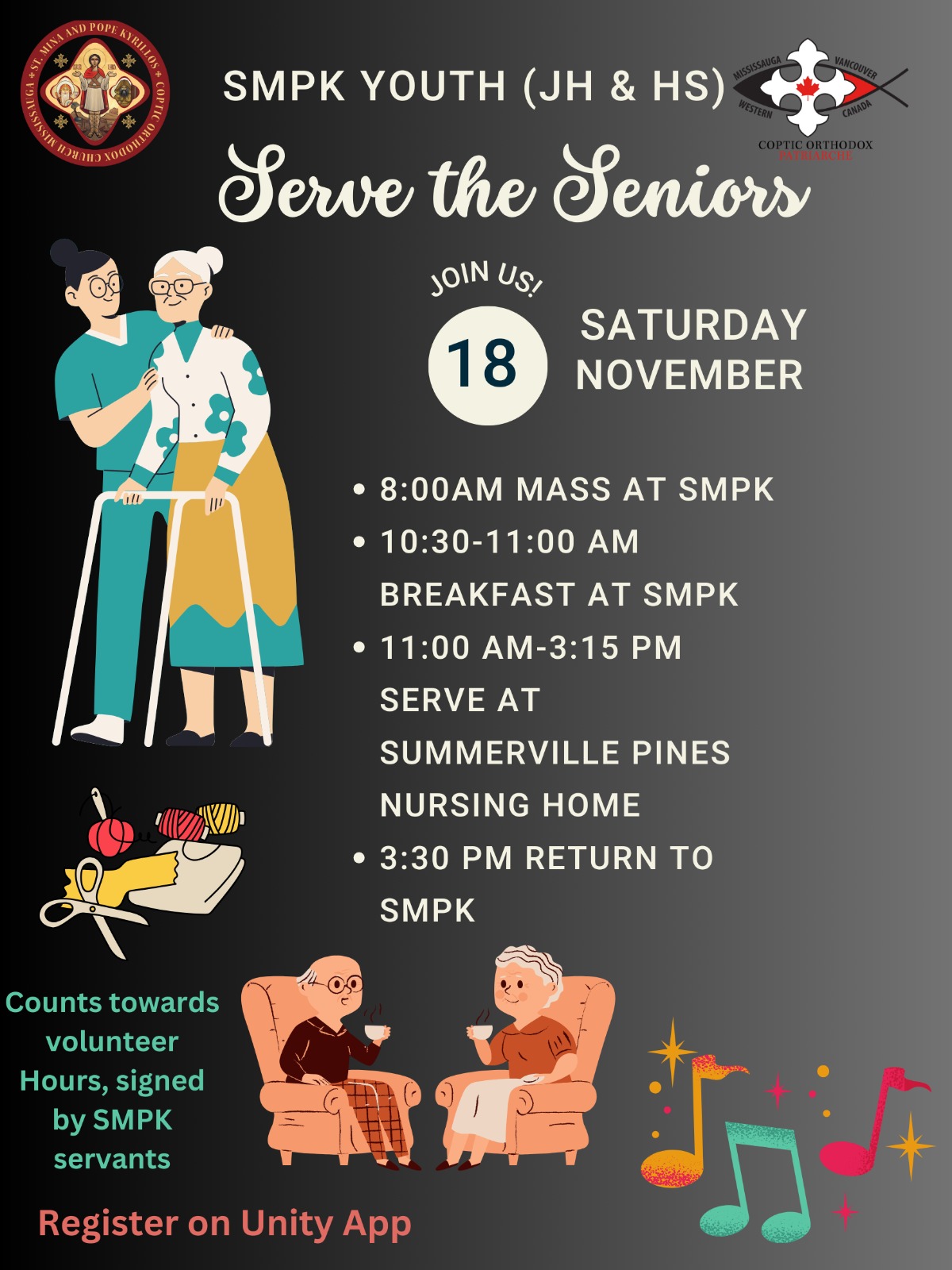 SMPK Youth in JH and HS are invited to serve our seniors on Sat 18th of Nov. Registration is open on the unity app.